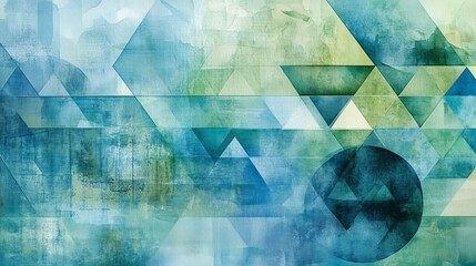 Geometric patterns in serene blues and greens on a tranquil watercolor surface, evoking a sense of peace and tranquility.
