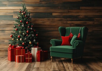 Cozy Christmas Scene Featuring a Green Armchair Next to a Decorated Tree Surrounded by Wrapped Presents against a Rustic Wooden Wall
