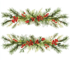 Beautiful watercolor illustration of festive pine branches and bright red berries, perfect for holiday decorations and seasonal designs.