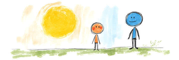  Simple and colorful stick figure drawing of two people under the sun, symbolizing friendship, happiness, simplicity, and the joy of childhood in a bright and cheerful setting