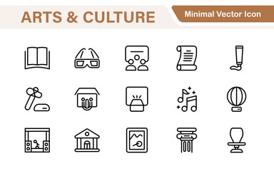 Arts and Culture Icon Set. High-quality icons for Museums, Music, Dance, Theater, Festivals, artistic Expression, Traditions, History, Crafts, and Creative Activities
