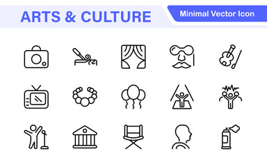 Arts and Culture Icon Set. High-quality icons for Museums, Music, Dance, Theater, Festivals, artistic Expression, Traditions, History, Crafts, and Creative Activities