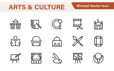 Arts and Culture Icon Set. High-quality icons for Museums, Music, Dance, Theater, Festivals, artistic Expression, Traditions, History, Crafts, and Creative Activities