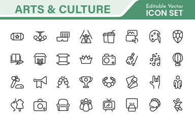 Arts and Culture Icon Set. High-quality icons for Museums, Music, Dance, Theater, Festivals, artistic Expression, Traditions, History, Crafts, and Creative Activities