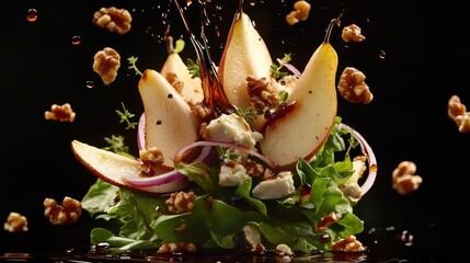 Gourmet Gorgonzola Salad with Suspended Pear and Mixed Greens: Artistic Culinary Presentation, Fresh Ingredients, and Vibrant Colors in Natural Lighting.
