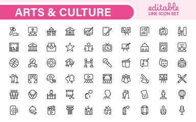 Arts and Culture Icon Set. High-quality icons for Museums, Music, Dance, Theater, Festivals, artistic Expression, Traditions, History, Crafts, and Creative Activities