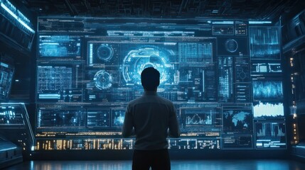 futuristic artificial intelligence based digital business data statistics management technology visualization through virtual display of icons or layers of virtual data layouts