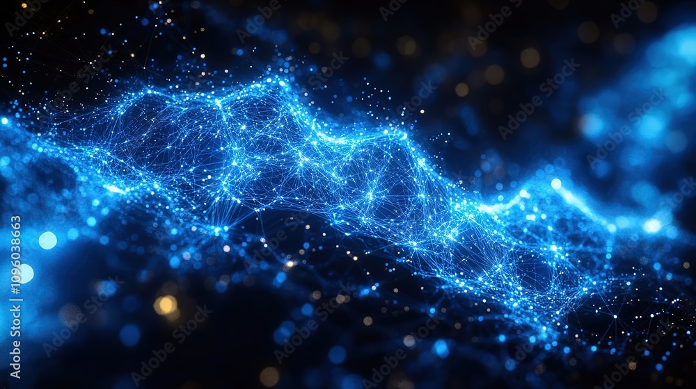Poster abstract illustration featuring plexus blue geometrical shapes, representing connection and web conc