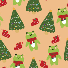 Seamless pattern cartoon frog with christmas tree. cute christmas and winter wallpaper for fabric print, gift wrap paper