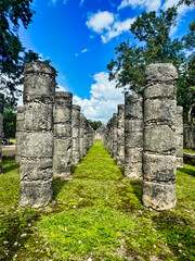 Stone pillars in Plaza of 1000 columns at the Temple of Warriors, used for ceremonies during the Late classic period,10th century at  Chichen Itza,masterpiece of the Maya civilization,Yucatan,Mexico