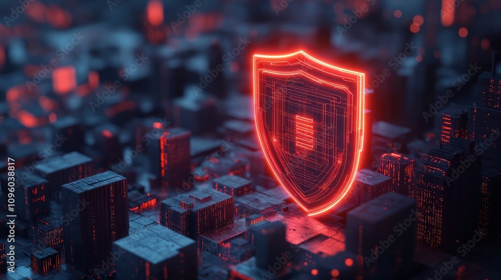 Aufkleber futuristic cityscape with glowing neon shield structure symbolizing the protection of a digital netw