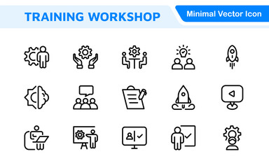 Set of Workshop and Coaching line icons. Outline icon collection related to training, coaching, mentoring, education, meetings, conferences, and teamwork.