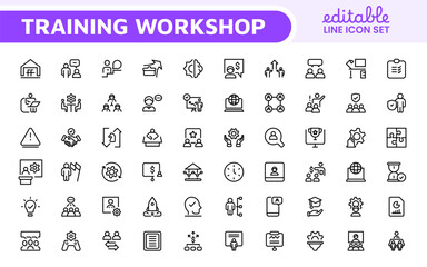 Set of Workshop and Coaching line icons. Outline icon collection related to training, coaching, mentoring, education, meetings, conferences, and teamwork.