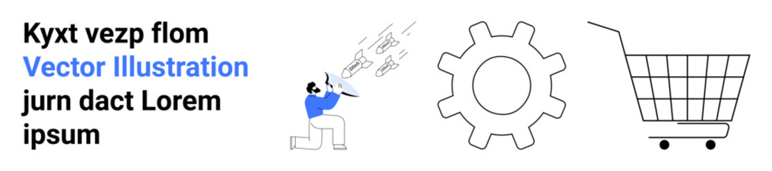 Man with megaphone speaking, large gear symbolizing technology, and shopping cart representing commerce. Ideal for business communication, technology services, e-commerce platforms, marketing