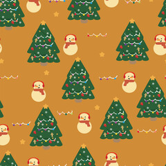 Seamless pattern cartoon snowman, and tree christmas cute, winter wallpaper for fabric print, gift wrap paper
