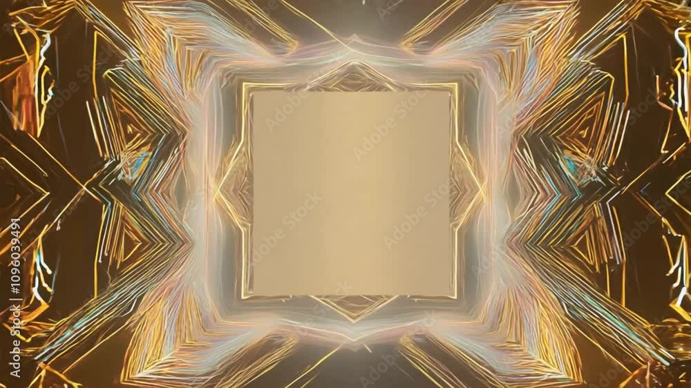 Poster vibrant abstract geometric pattern with glowing lines and central square, creating dynamic visual ef