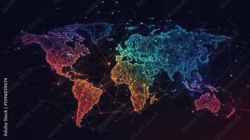 Poster global network with colorful ink square connection points