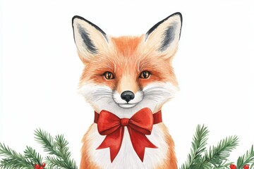 Fototapeta premium A charming illustration of a fox with a red bow tie, surrounded by festive greenery, embodying a cheerful and holiday spirit.