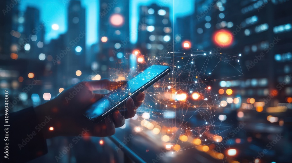 Poster hand using mobile smart phone, and wireless network connection technology in the city, with 5g inter