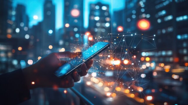 Hand using mobile smart phone, and wireless network connection technology in the city, with 5g internet networking sign