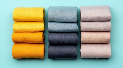 Neatly Rolled Soft Textiles in Vibrant Colors on a Light Blue Background for Home Decor, Fashion, and Interior Design Inspirations