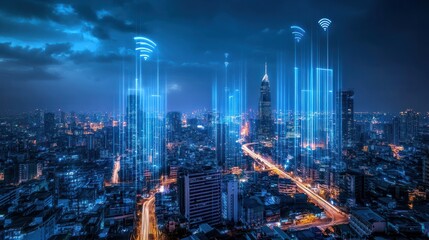 Fototapeta premium Illuminated Urban Landscape Showcasing 5G Network Connectivity in a Modern City