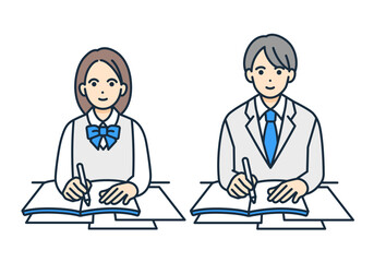 制服を着た学生が勉強をするイラストセット。机に座って学ぶ男女。