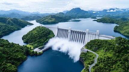 Hydroelectric Dam: A majestic aerial view of a hydroelectric dam, showcasing the power and efficiency of renewable energy. The dam stands tall, a testament to human ingenuity.