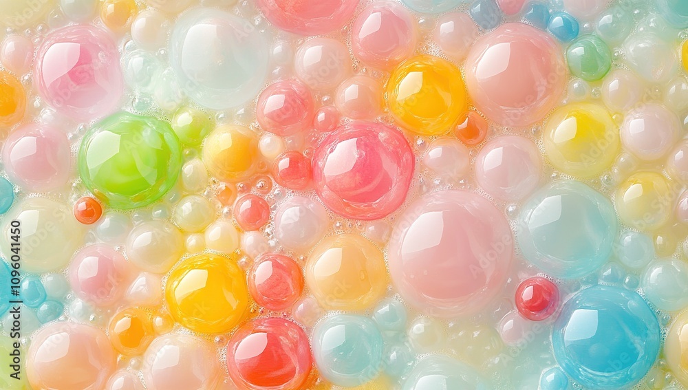 Poster a whimsical dreamscape of pastel bubbles, floating in a sea of soft colors. a vibrant and joyful ima
