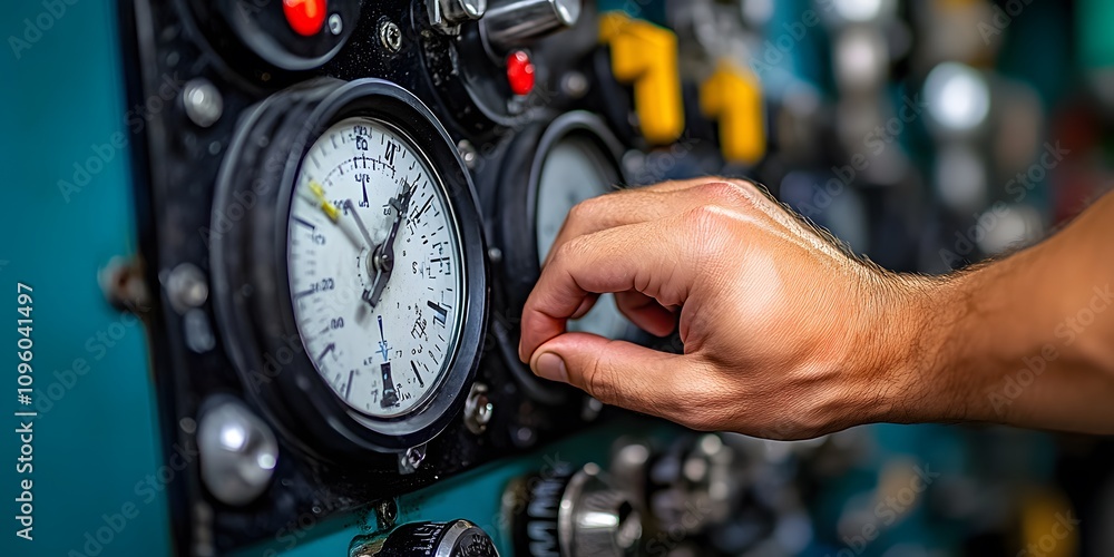 Aufkleber a hand adjusting a control dial on a panel with various gauges and switches.