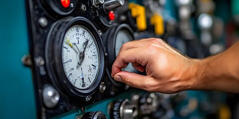 A hand adjusting a control dial on a panel with various gauges and switches.