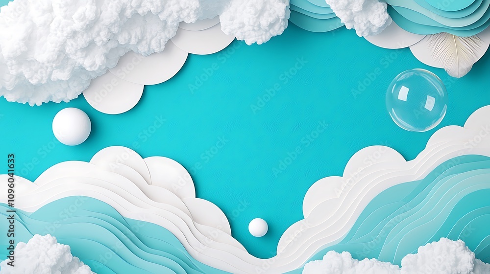 Poster abstract beach scene with paper clouds and waves in soft pastel colors featuring round shapes and bu