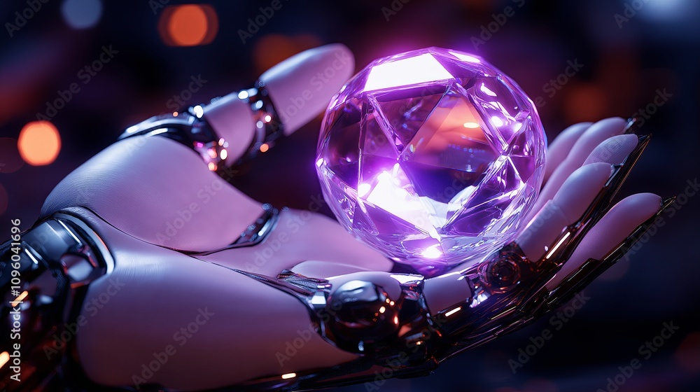 Poster close-up of a robot hand gently holding a glowing crystal sphere