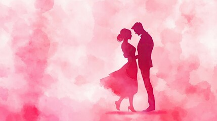 Fototapeta premium Romantic silhouette of couple in pink watercolor background for valentine's day