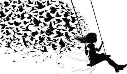 Silhouette of Girl Swinging Joyfully with Birds in Flight
