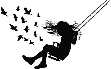 Silhouette of Girl Swinging Joyfully with Birds in Flight