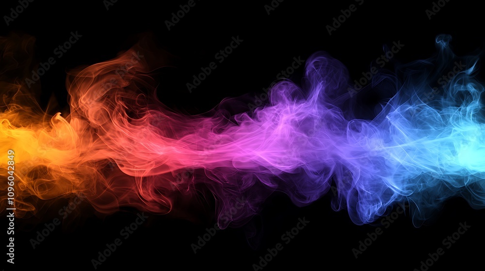 Poster abstract colorful smoke waves flowing across a black background, creating a dynamic and ethereal vis