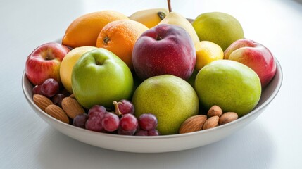 Bowl of fresh fruit and nuts on a white table © kachanovski