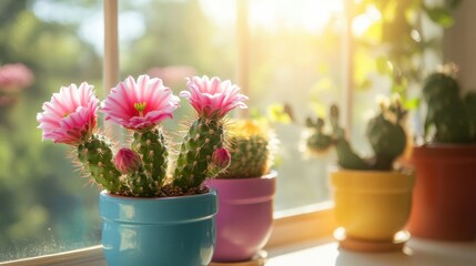 Fototapeta premium Colorful potted cacti with blooming pink flowers on a windowsill, with sunlight streaming in, creating a cheerful atmosphere