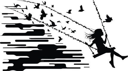 Silhouette of Girl Swinging Joyfully with Birds in Flight