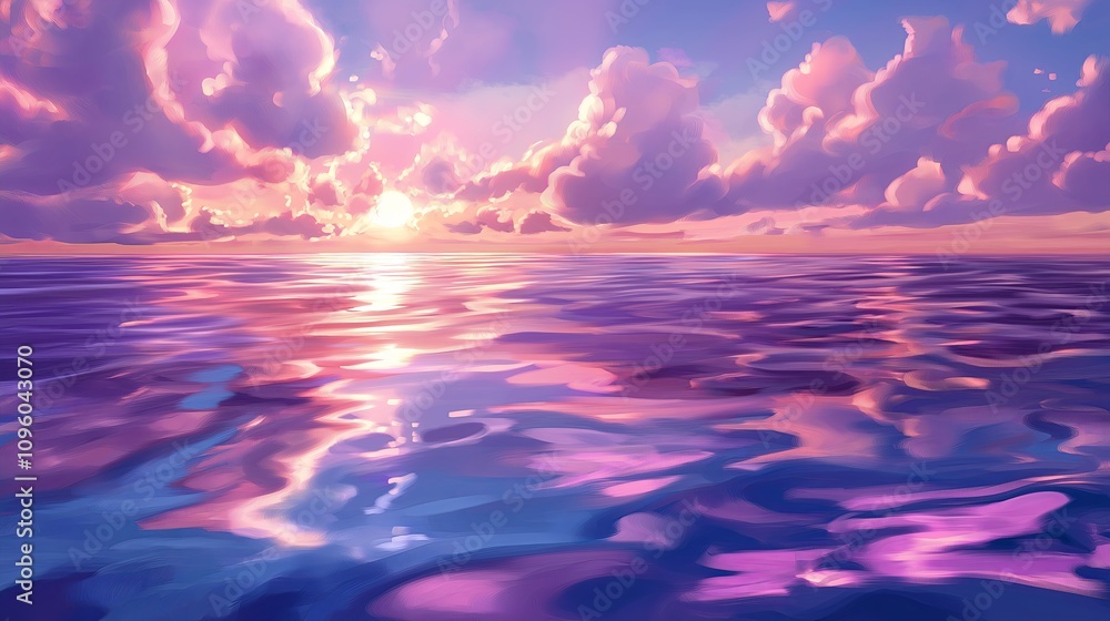 Poster feather-soft clouds rolling over a calm, endless sea at dawn