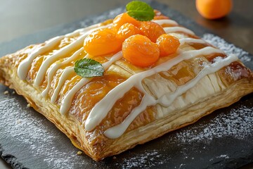 A flaky Danish pastry filled with cream cheese and topped with sweet, glossy apricots and a drizzle of icing. Food Photography, Menu Style Photo Image