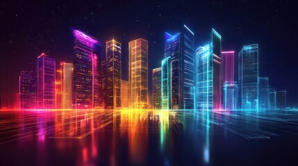Fototapeta premium Sci-fi futuristic neon city of skyscrapers cityscape with space and light effect. Modern hi-tech, science, futuristic technology concept. Abstract digital high tech city design for banner background