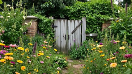 Fototapeta premium overgrown garden with wildflowers and old gates, old gate, countryside scenery