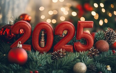 big bold numbers "2025" close-up podium christmas mockup