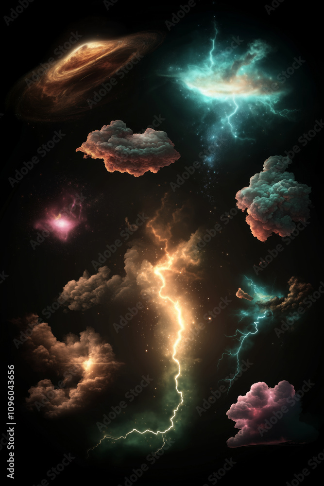 Poster cosmic clouds and lightning: mystical universe elements with colorful nebulae