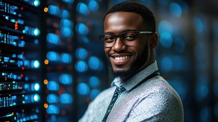 Shot of a Smiling IT Engineer Standing in the Middle of a Working Data Center Server Room. Visualizations of Data Transmission Through High Speed Internet. User Interface Icons in the Foreground.