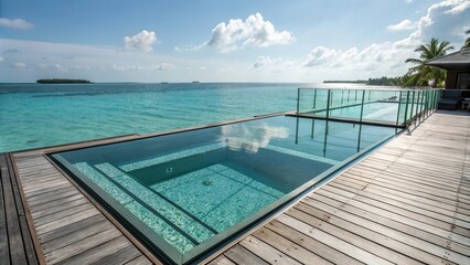 Fototapeta premium Overwater pool with a glass floor panel, marine life, overwater pool, ocean views, modern design
