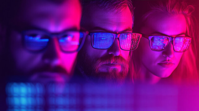 Cyberpunk Coders: Focused team of programmers working late, illuminated by vibrant neon light reflecting in their glasses.  A captivating image of digital innovation and late-night coding sessions. 