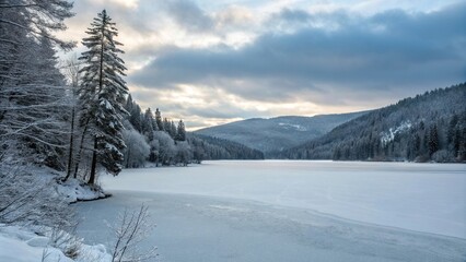 Fototapeta premium Panoramic view of a frozen lake surrounded by snow-covered hills and trees, frozen scenery, snow-covered mountains, serene atmosphere